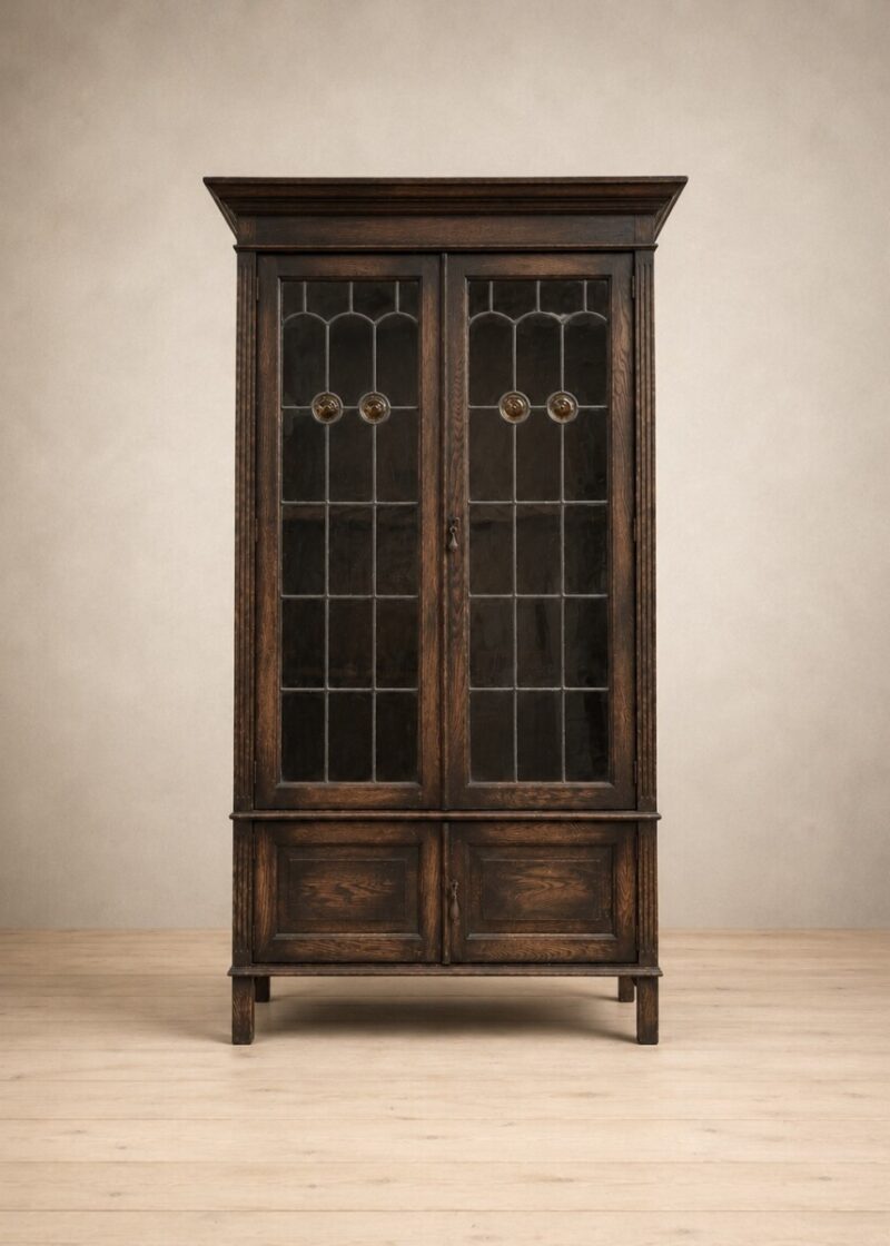 Arts and crafts oak leaded light cupboard