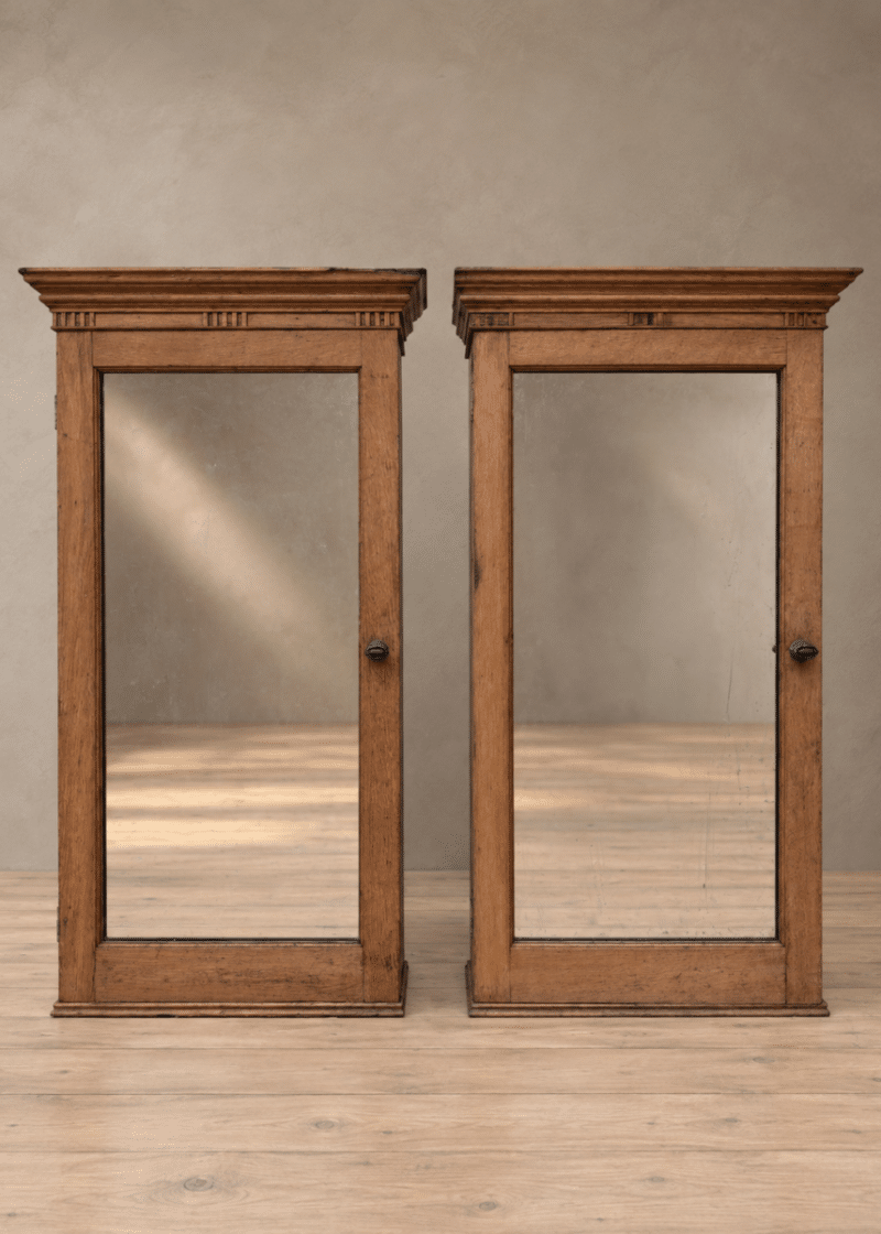Pair of oak barbers wall cabinets
