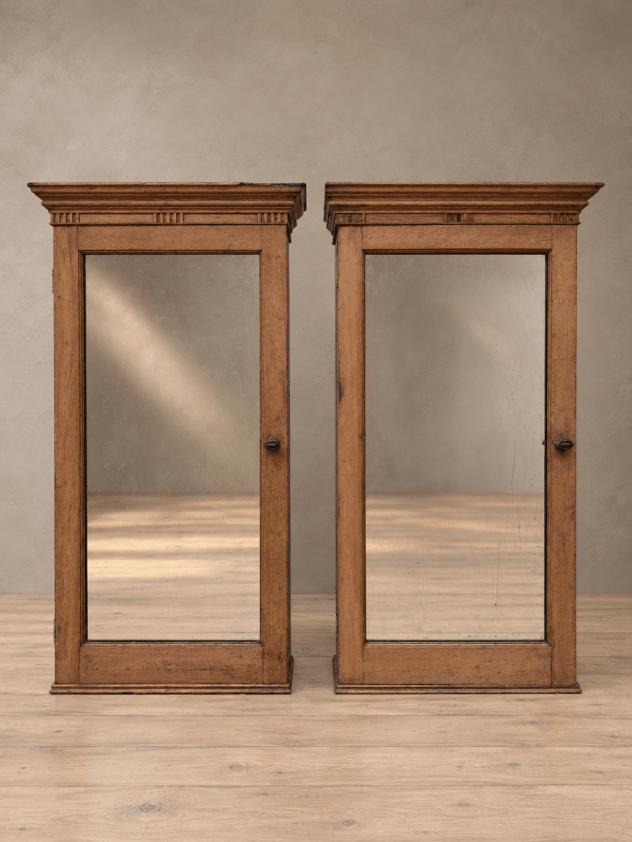 Pair of oak barbers wall cabinets